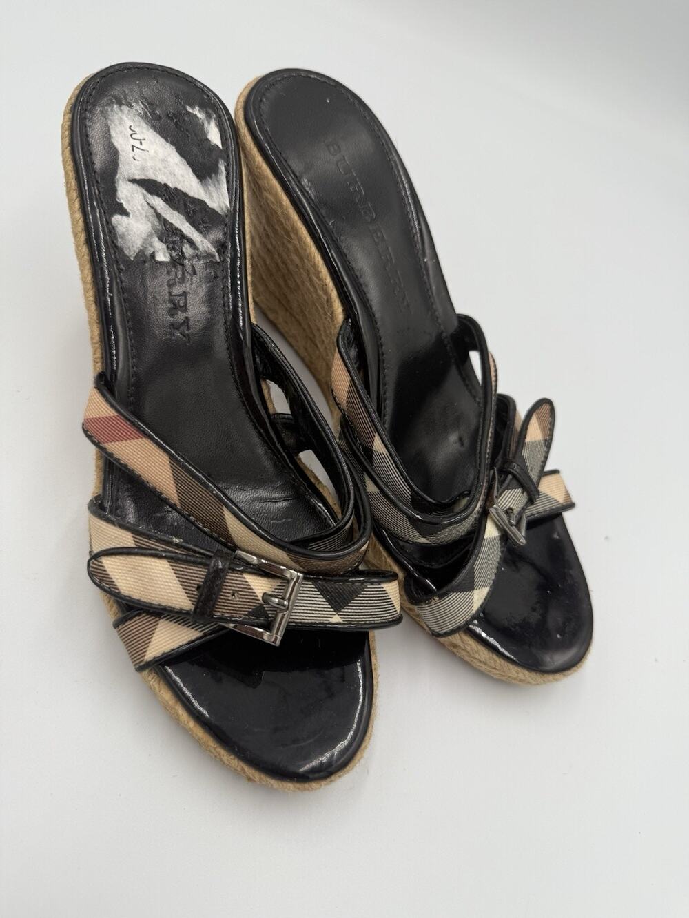 RARE🔥 Burberry Nova Check Black Leather Espadrille Wedge Sandals Size 37 US7
